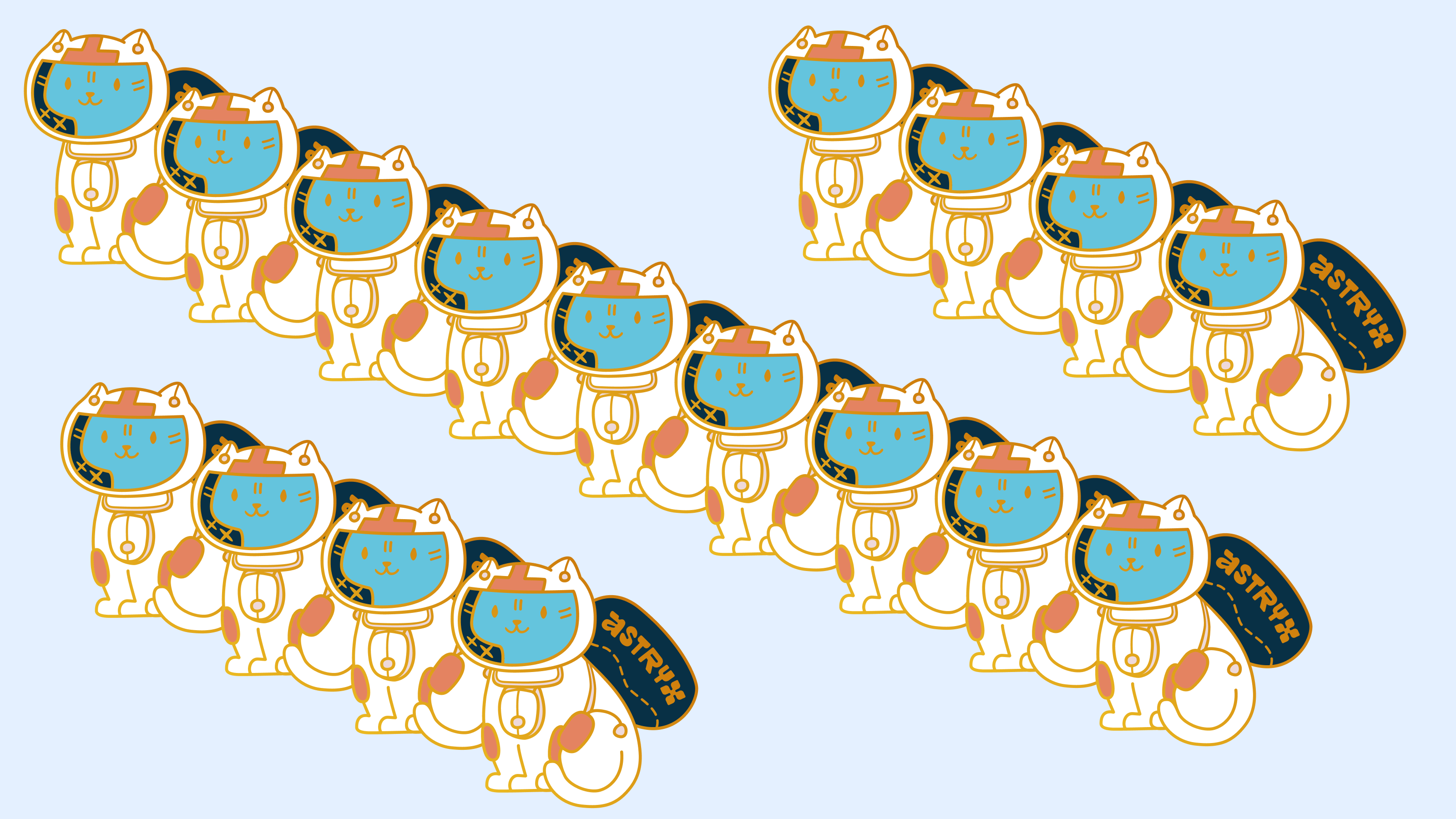 Many copies of the Astryx astronaut cat mascot arranged in rows on a light blue background